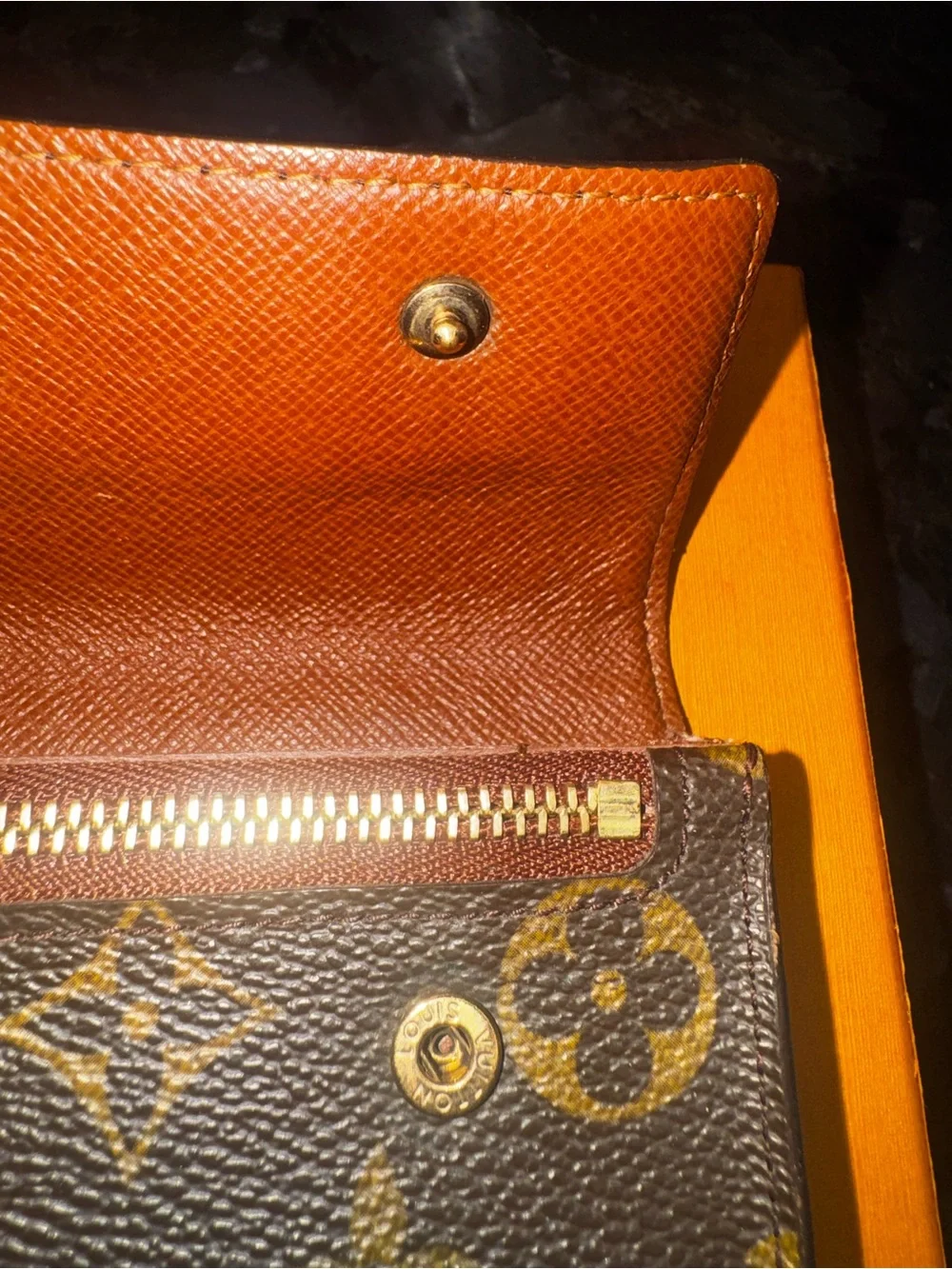 Authentic Louis Vuitton Monogram Canvas Trifold Wallet in Brown and Gold